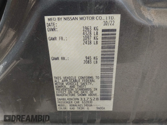2023 Nissan Altima SV z VIN 1N4BL4DV3PN317528, wystawiony jako IAAI lot #42130756 z przebiegiem 73 037 mil mil oraz . Historia ofert i sprzedaży dostępna na DreamBid. Obrazek 9.