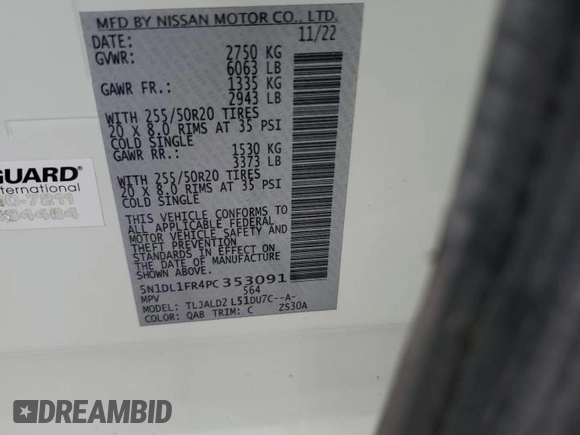 2023 Infiniti QX60 Luxe z VIN 5N1DL1FR4PC353091, wystawiony jako Copart lot #64525105 z przebiegiem Nie podano mil oraz Szkoda całkowita • Salvage title. Historia ofert i sprzedaży dostępna na DreamBid. Obrazek 13.