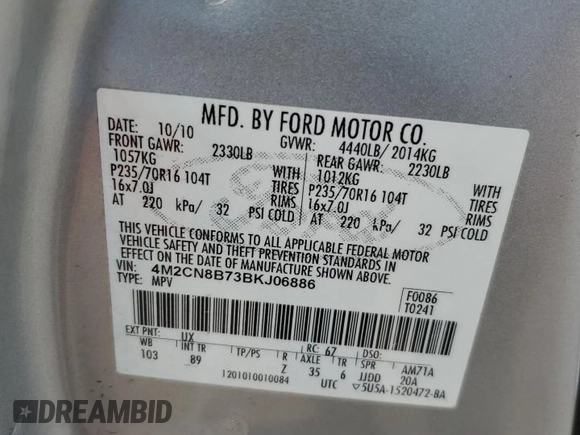 2011 Mercury Mariner z VIN 4M2CN8B73BKJ06886, wystawiony jako Copart lot #50308485 z przebiegiem 118 584 mil mil oraz Szkoda całkowita • Salvage title. Historia ofert i sprzedaży dostępna na DreamBid. Obrazek 15.