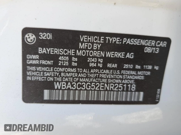 2014 BMW 3 Series 320i xDrive with VIN WBA3C3G52ENR25118, listed as a Copart auction lot 43153675 with 120,576 mi miles and Salvage title. Bid and sale history available at DreamBid. Image 12.