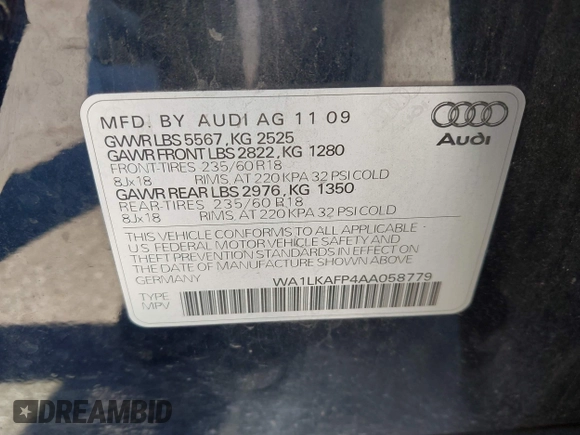 2010 Audi Q5 Premium Plus z VIN WA1LKAFP4AA058779, wystawiony jako IAAI lot #42590889 z przebiegiem 203 696 mil mil oraz . Historia ofert i sprzedaży dostępna na DreamBid. Obrazek 9.