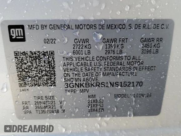 2022 Chevrolet Blazer RS with VIN 3GNKBKRS1NS152170, listed as a Copart auction lot 45322235 with 30,025 mi miles and Salvage title. Bid and sale history available at DreamBid. Image 13.