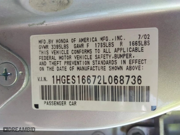 2002 Honda Civic LX with VIN 1HGES16672L068736, listed as a IAAI auction lot 41974936 with 92,211 mi miles. Bid and sale history available at carsss.com. Image 9.