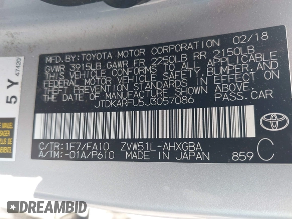 2018 Toyota Prius Two with VIN JTDKARFU5J3057086, listed as a IAAI auction lot 41910758 with 178,279 mi miles and . Bid and sale history available at DreamBid. Image 9.