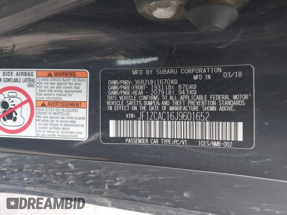 2018 Subaru BRZ Limited with VIN JF1ZCAC16J9601652, listed as a IAAI auction lot 41895849 with 129,647 mi miles. Bid and sale history available at carsss.com. Image 9.