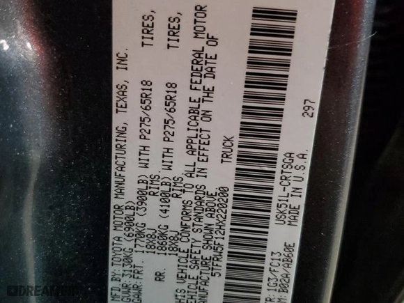2017 Toyota Tundra 2WD SR5 with VIN 5TFRW5F12HX220200, listed as a Copart auction lot 81280184 with 145,604 mi miles and Salvage Title. Bid and sale history available at carsss.com. Image 12.