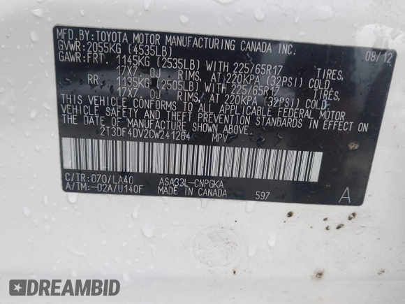 2012 Toyota RAV4 Limited с VIN 2T3DF4DV2CW241264, выставлен на аукционе IAAI как лот 42296561 с пробегом 192 544 миль миль и . История ставок и продаж доступна на DreamBid. Изображение 9.