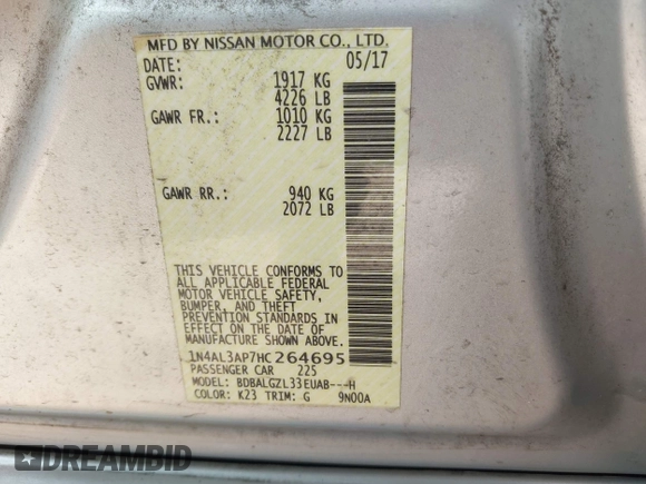 2017 Nissan Altima SV with VIN 1N4AL3AP7HC264695, listed as a IAAI auction lot 41922330 with 140,244 mi miles and . Bid and sale history available at DreamBid. Image 9.