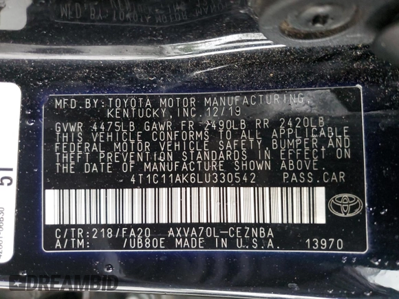 2020 Toyota Camry LE with VIN 4T1C11AK6LU330542, listed as a Copart auction lot 48256735 with 149,076 mi miles and Salvage Title. Bid and sale history available at carsss.com. Image 14.