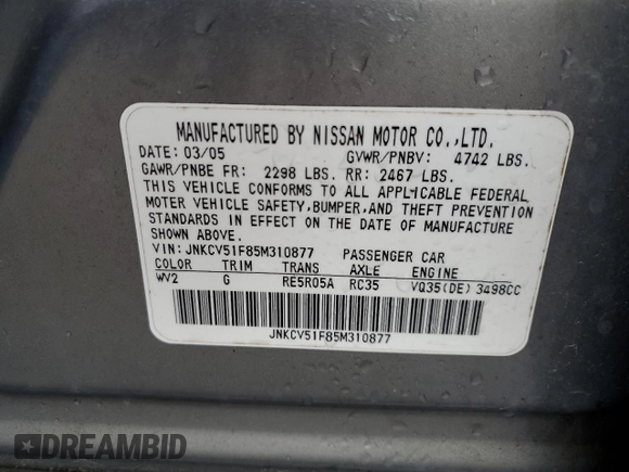 2005 Infiniti G35 with VIN JNKCV51F85M310877, listed as a Copart auction lot 57186435 with 143,945 mi miles and Clean Title. Bid and sale history available at DreamBid. Image 12.