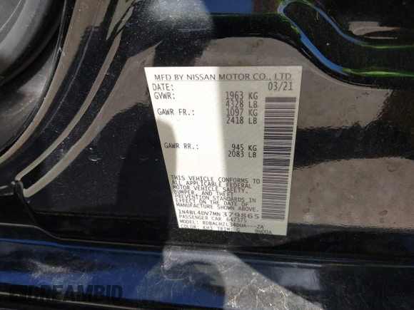 2021 Nissan Altima SV with VIN 1N4BL4DV7MN379865, listed as a IAAI auction lot 42316612 with Not provided miles and . Bid and sale history available at DreamBid. Image 9.
