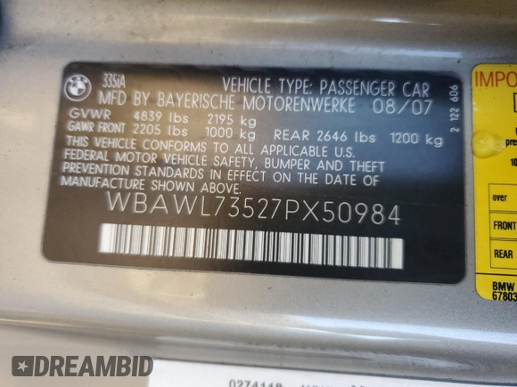 2007 BMW 3 Series 335i with VIN WBAWL73527PX50984, listed as a Copart auction lot 87447894 with 136,611 mi miles and Salvage Title. Bid and sale history available at carsss.com. Image 12.