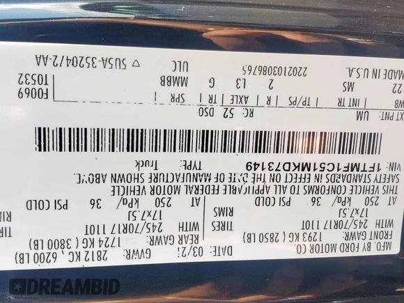 2021 Ford F-150 XL with VIN 1FTMF1C51MKD73149, listed as a Copart auction lot 65839105 with 95,957 mi miles and Clean title. Bid and sale history available at DreamBid. Image 10.
