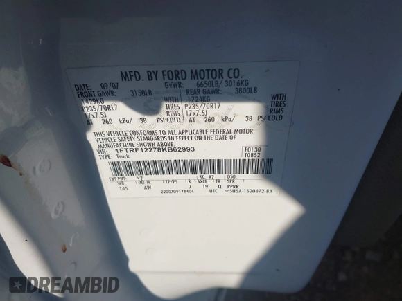 2008 Ford F-150 XL with VIN 1FTRF12278KB62993, listed as a IAAI auction lot 41757798 with 188,967 mi miles. Bid and sale history available at carsss.com. Image 9.