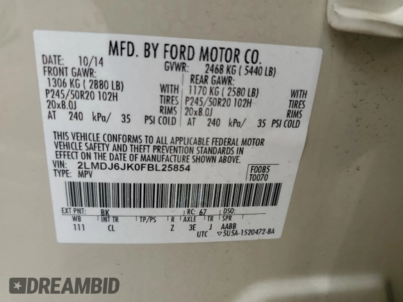 2015 Lincoln MKX with VIN 2LMDJ6JK0FBL25854, listed as a Copart auction lot 53831345 with 76,062 mi miles and Salvage Title. Bid and sale history available at carsss.com. Image 14.