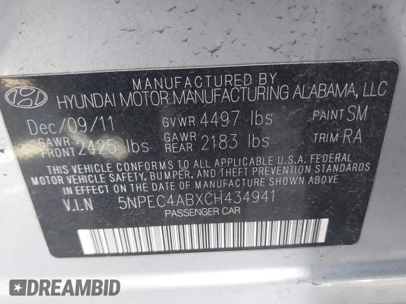 2012 Hyundai Sonata Limited with VIN 5NPEC4ABXCH434941, listed as a IAAI auction lot 41261600 with 87,776 mi miles and . Bid and sale history available at DreamBid. Image 9.