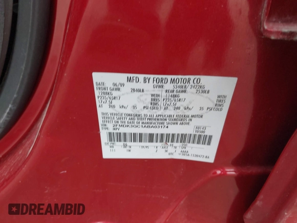 2010 Ford Edge SE with VIN 2FMDK3GC1ABA03174, listed as a IAAI auction lot 41853659 with 175,704 mi miles. Bid and sale history available at carsss.com. Image 9.