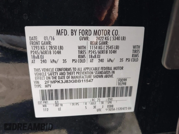 2016 Ford Edge SEL with VIN 2FMPK3J83GBB11547, listed as a IAAI auction lot 41976495 with 129,290 mi miles. Bid and sale history available at carsss.com. Image 9.