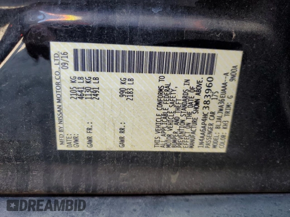 2017 Nissan Maxima SV with VIN 1N4AA6AP4HC383960, listed as a Copart auction lot 52766005 with 155,087 mi miles and Salvage Title. Bid and sale history available at carsss.com. Image 12.
