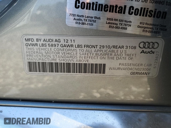 2012 Audi A8 with VIN WAURVAFD4CN023004, listed as a Copart auction lot 50181715 with 121,590 mi miles and Salvage title. Bid and sale history available at DreamBid. Image 15.