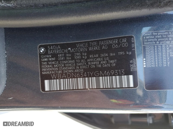 2000 BMW 5 Series 540iA with VIN WBADN6341YGM69313, listed as a Copart auction lot 78801034 with 95,733 mi miles and Salvage Title. Bid and sale history available at carsss.com. Image 15.