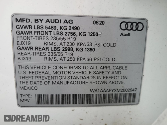 2021 Audi Q5 Premium with VIN WA1AAAFYXM2002847, listed as a Copart auction lot 71785692 with 25,650 mi miles. Bid and sale history available at carsss.com. Image 14.