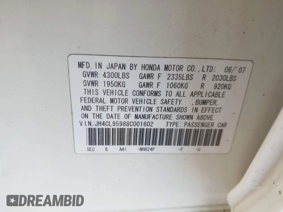 2008 Acura TSX with VIN JH4CL95988C001602, listed as a IAAI auction lot 42099571 with 192,303 mi miles and . Bid and sale history available at DreamBid. Image 9.