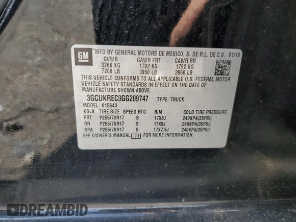 2016 Chevrolet Silverado 1500 LT with VIN 3GCUKREC0GG209747, listed as a Copart auction lot 51067515 with 105,643 mi miles and Salvage Title. Bid and sale history available at DreamBid. Image 12.