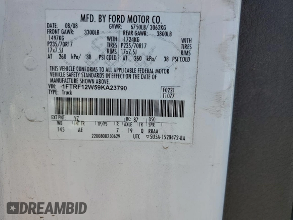 2009 Ford F-150 XL with VIN 1FTRF12W59KA23790, listed as a Copart auction lot 43798315 with 193,693 mi miles and Clean title. Bid and sale history available at DreamBid. Image 12.