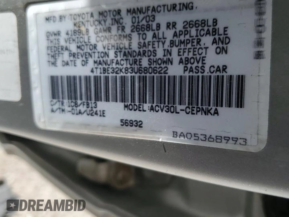 2003 Toyota Camry LE with VIN 4T1BE32K83U680622, listed as a Copart auction lot 54571165 with 166,790 mi miles and Salvage Title. Bid and sale history available at DreamBid. Image 12.