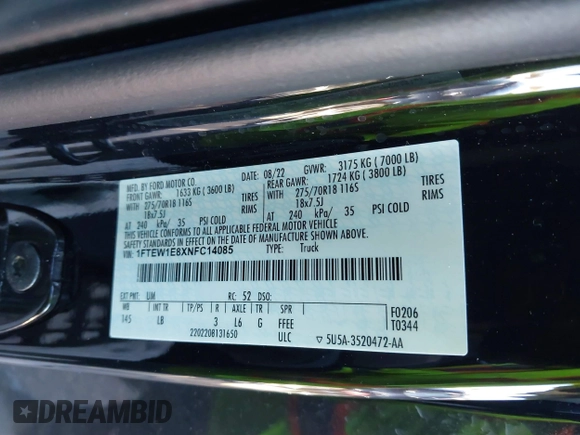 2022 Ford F-150 XL with VIN 1FTEW1E8XNFC14085, listed as a IAAI auction lot 41255521 with 64,603 mi miles and . Bid and sale history available at DreamBid. Image 9.