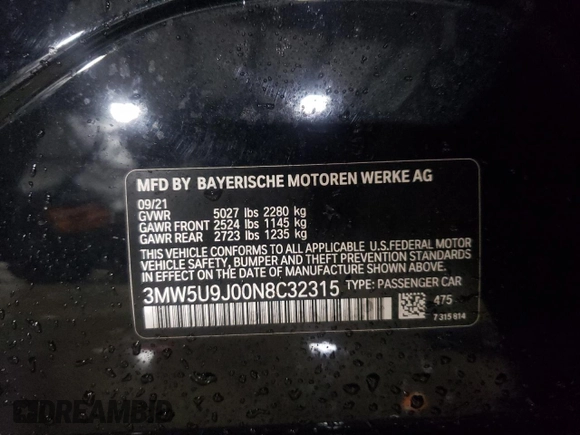 2022 BMW 3 Series M340i xDrive with VIN 3MW5U9J00N8C32315, listed as a Copart auction lot 72268484 with 37,081 mi miles and Salvage Title. Bid and sale history available at carsss.com. Image 12.