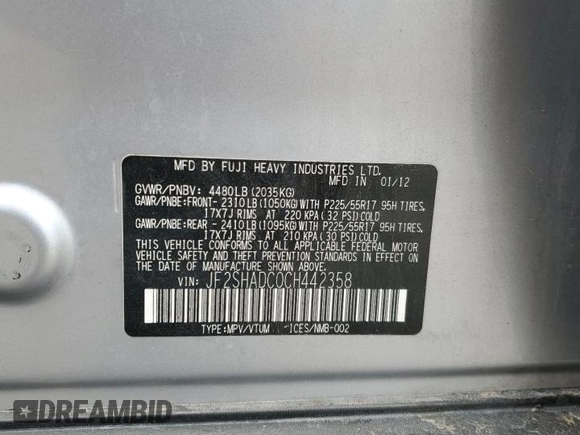 2012 Subaru Forester X Premium with VIN JF2SHADC0CH442358, listed as a Copart auction lot 58764785 with 91,392 mi miles and Clean title. Bid and sale history available at DreamBid. Image 13.