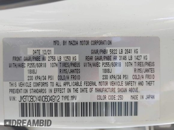2022 Mazda CX-9 Touring with VIN JM3TCBCY4N0604912, listed as a IAAI auction lot 42456794 with 49,853 mi miles and . Bid and sale history available at DreamBid. Image 9.