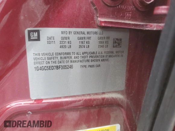 2011 Buick LaCrosse CXL with VIN 1G4GC5ED7BF305246, listed as a Copart auction lot 47810865 with 160,698 mi miles and Salvage title. Bid and sale history available at DreamBid. Image 14.