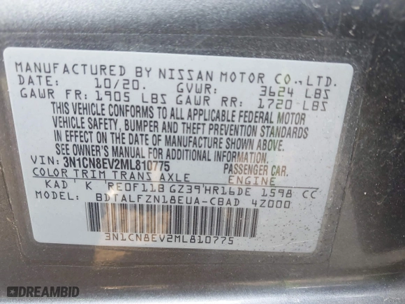 2021 Nissan Versa SV with VIN 3N1CN8EV2ML810775, listed as a IAAI auction lot 41791423 with 65,159 mi miles. Bid and sale history available at carsss.com. Image 9.