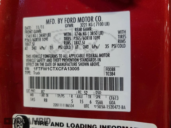 2012 Ford F-150 XL with VIN 1FTFW1CTXCFA13005, listed as a Copart auction lot 79534714 with 199,004 mi miles and Salvage Title. Bid and sale history available at carsss.com. Image 12.