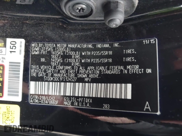 2015 Toyota Sienna Limited with VIN 5TDDK3DC1FS124527, listed as a IAAI auction lot 41723310 with 51,020 mi miles and . Bid and sale history available at DreamBid. Image 9.