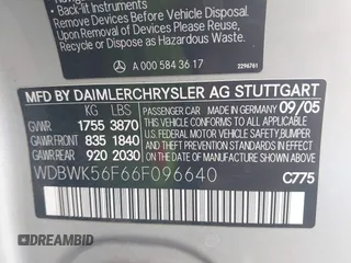 2006 Mercedes-Benz SLK 350 with VIN WDBWK56F66F096640, listed as a IAAI auction lot 42375574 with 88,657 mi miles and . Bid and sale history available at DreamBid. Image 9.