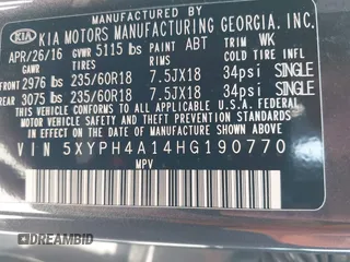 2017 Kia Sorento EX with VIN 5XYPH4A14HG190770, listed as a IAAI auction lot 42501305 with 156,570 mi miles and . Bid and sale history available at DreamBid. Image 9.