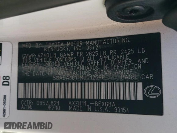 2021 Lexus ES 300h Luxury with VIN 58AEA1C11MU012688, listed as a Copart auction lot 89016795 with 123,574 mi miles and Salvage title. Bid and sale history available at DreamBid. Image 14.