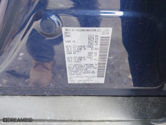 2017 Nissan Rogue SL with VIN 5N1AT2MV0HC742787, listed as a IAAI auction lot 41738314 with 156,574 mi miles. Bid and sale history available at carsss.com. Image 9.