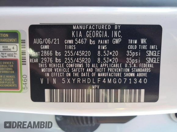 2021 Kia Sorento EX with VIN 5XYRHDLF4MG071340, listed as a Copart auction lot 75866114 with 75,471 mi miles and Non Repairable. Bid and sale history available at carsss.com. Image 14.