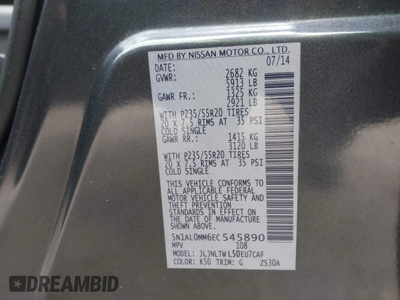 2014 Infiniti QX60 with VIN 5N1AL0MM6EC545890, listed as a IAAI auction lot 41212469 with 125,955 mi miles and . Bid and sale history available at DreamBid. Image 9.