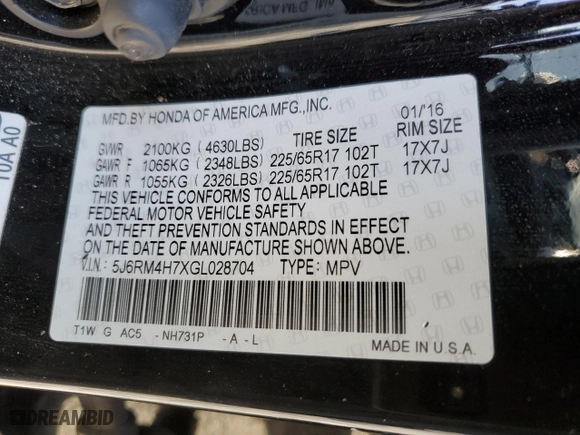2016 Honda CR-V EX-L with VIN 5J6RM4H7XGL028704, listed as a Copart auction lot 86838584 with 0 mi miles and Salvage Title. Bid and sale history available at carsss.com. Image 14.