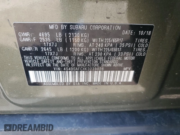 2019 Subaru Outback Premium with VIN 4S4BSAFCXK3239028, listed as a Copart auction lot 54336895 with Not provided miles and Non repairable. Bid and sale history available at DreamBid. Image 12.
