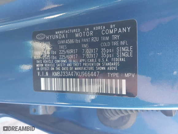 2019 Hyundai Tucson Value with VIN KM8J33A47KU966447, listed as a IAAI auction lot 41631458 with 46,519 mi miles. Bid and sale history available at carsss.com. Image 9.