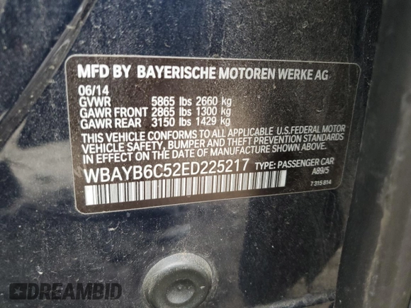 2014 BMW 7 Series 750i xDrive with VIN WBAYB6C52ED225217, listed as a Copart auction lot 46104815 with 155,822 mi miles and Clean Title. Bid and sale history available at carsss.com. Image 12.