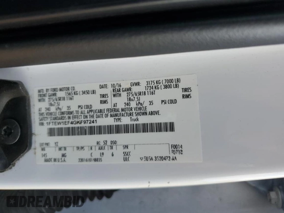 2016 Ford F-150 XLT with VIN 1FTEW1EF4GKF97241, listed as a Copart auction lot 54441835 with 162,867 mi miles and Salvage title. Bid and sale history available at DreamBid. Image 12.