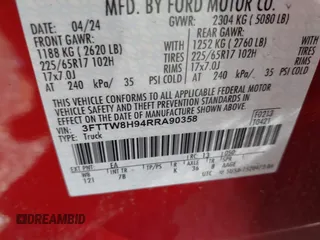 2024 Ford Maverick XLT z VIN 3FTTW8H94RRA90358, wystawiony jako IAAI lot #41842020 z przebiegiem 8 433 mil mil oraz . Historia ofert i sprzedaży dostępna na DreamBid. Obrazek 9.